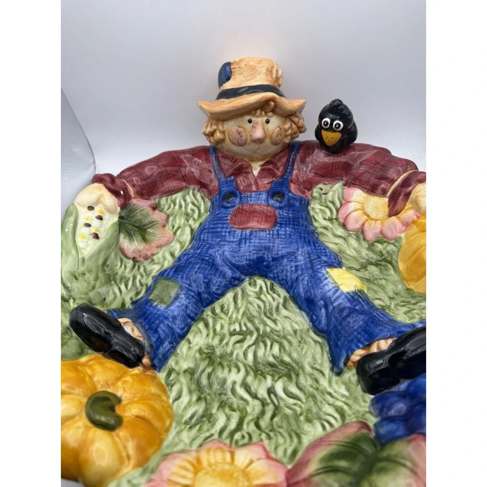 Scarecrow Harvest Serving Bowl Candy Dish Fall Halloween Pumpkin Ceramic Large